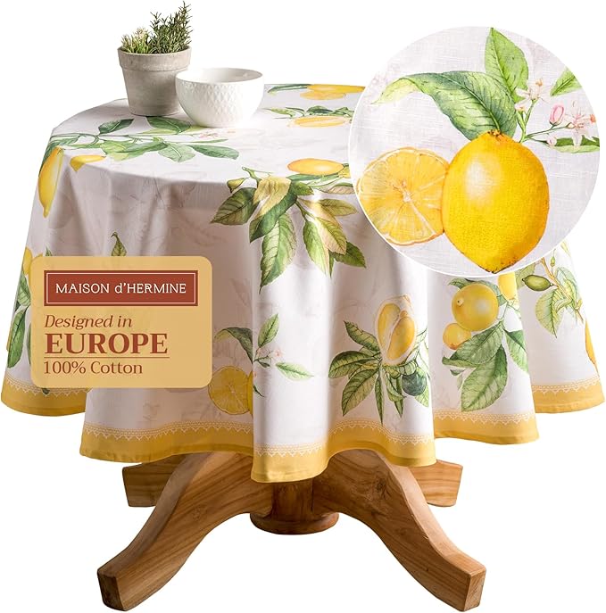 Maison d' Hermine Table Cloth Round Table 100% Cotton 69 Inches Tablecloth Reusable Decorative Everyday Use for Dining Room, Farmhouse, Home, Party, Festive & Wedding Spring Summer - Limoncello