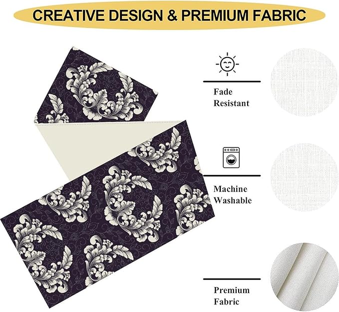 Gothic Table Runner, Antique Retro Damask Floral Bohemian Boho Purple Rustic Vintage Coffee Table Center Decor for Kitchen and Dining Outdoor Home Country Party Table Decorations, 13"x72"