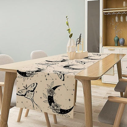 Boho Moth Table Runner,Retro Flower Moon Starlit Stars Butterfly Print Table Runner for Wedding Holiday Party Farmhouse Home Decor 13x90in