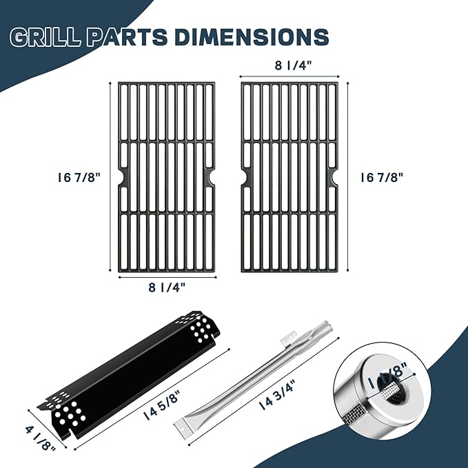 Grill Parts for Nexgrill Replacement Parts 2 Burner 720-0864 720-0864M,Cast Iron Cooking Grate,Heat Shield,Burner Kit for Megamaster 720-0864MA Grill Grates Replacement Parts kit for nexgrill grates