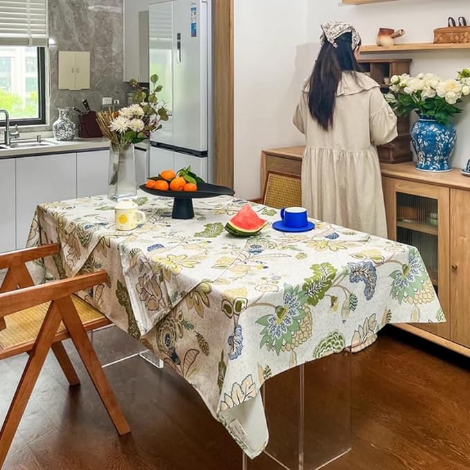 Spring Rectangular Tablecloth 120 x 60 Inch, Print Floral Waterproof Rectangle Table Cloth, Fabric Table Cover for Dining Kitchen Farmhouse Ourdoor - Green Flowers