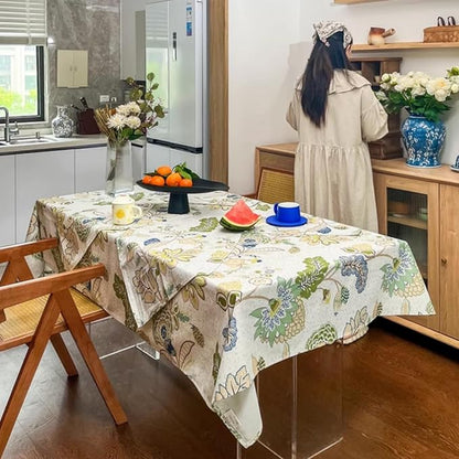 Spring Summer Ourdoor Table Cloth, Spillproof Waterproof Rectangle Tablecloth, Polyester Cotton Fabric Block Print Dining Table Cover for Easter Farmhouse Ourdoor 108''x60'' - Green Flowers