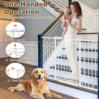 53.1-62.2" Extra Wide Baby Gate for Doorways No Drill, 30" Tall Auto Close Press Mounted Baby Safe Gate for Stairs, Walk Through Dog Gates for Doorways, White