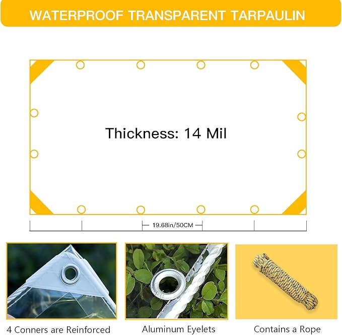 Clear Tarp with Grommets, Transparent Heavy Duty Water Resistant Tarp Cover with Reinforced Edge,14Mil Thickened Tear Resistant PVC Vinyl Tarpaulin Enclosure for Patio,Porch and Outdoor（8' x 8'）