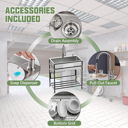 30x18 Inch Stainless Steel Utility Sink-Freestanding Laundry Sink Practicality With Accessories Stainless Functional Faucet,Soap Dispenser, SS Sink Grid For Laundry,Garage,Outdoor Kitchen,Garden...