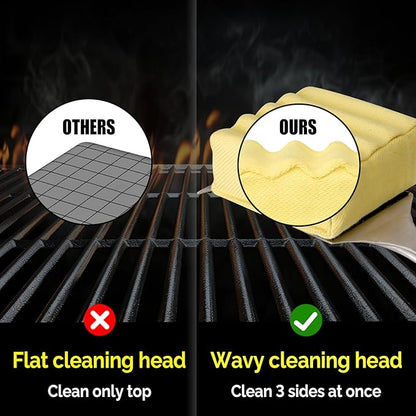Bristle-Free Steam Cleaning Grill Brush,with Extended Luxurious Rosewood Handle,Unique Wavy Pad Seamless-Fit Cast Iron/Stainless-Steel Grates,Safe Grill Cleaner for Outdoor Grill