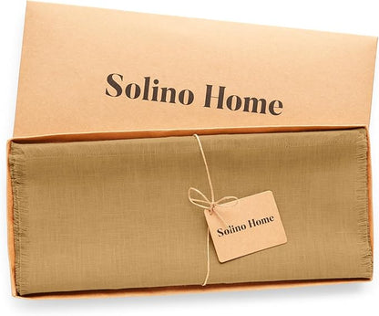 Solino Home Fringe Linen Table Runner 108 Inches Long - 100% Pure Linen Camel Dining Table Runner 14 x 108 Inch