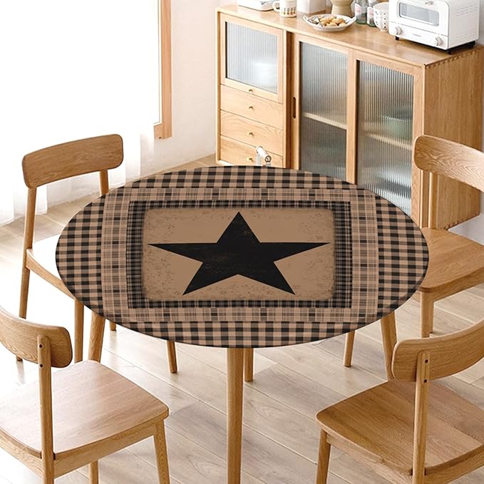 Western Texas Star Round Fitted Tablecloth with Elastic Vintage Black Brown Plaid Circle Table Cover for 48-52" Round Tables Stretch Waterproof Rustic Country Table Cloth for Kitchen Dining Patio