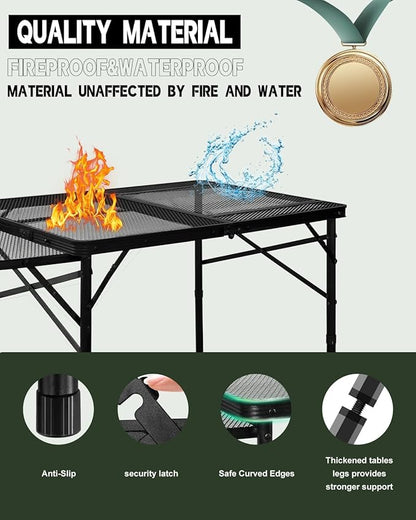 4ft Folding BBQ Table with Wing Plate, Height Adjustable Metal Table with Small Charcoal Grill, Portable Outdoor Table Removable to Two Tables (Bright Black)
