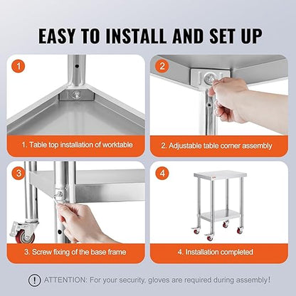 Mophorn 24x18x34 Inch Stainless Steel Work Table 3-Stage Adjustable Shelf with 4 Wheels Heavy Duty Commercial Food Prep Worktable with Brake for Kitchen Prep Work