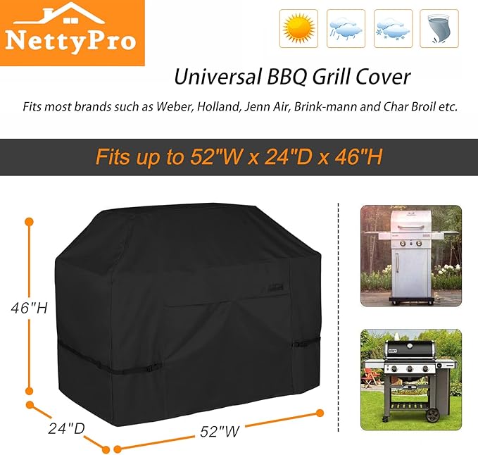 NettyPro Grill Cover for Outdoor Grill 52 inch Waterproof Heavy Duty Gas BBQ Cover for Outside Weber, Char-Broil, Brinkmann, Jenn Air, Nexgrill 2-3 Burners Barbecue, Black
