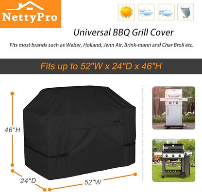 NettyPro Grill Cover for Outdoor Grill 52 inch Waterproof Heavy Duty Gas BBQ Cover for Outside Weber, Char-Broil, Brinkmann, Jenn Air, Nexgrill 2-3 Burners Barbecue, Black