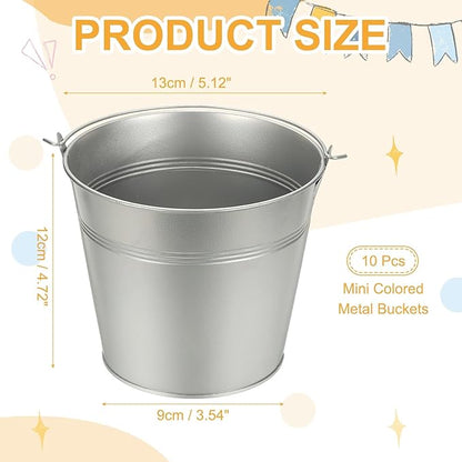 Small Metal Buckets, Mini Buckets with Handle Galvanized Colored Tin Pail Containers Basket Party Supplies - Fit for (Halloween - Classroom Crafts) 5" & 10Pcs & Silver