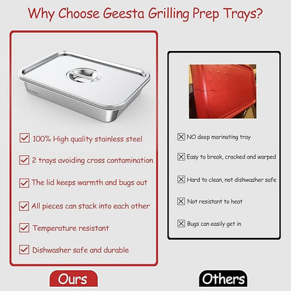 Geesta Grilling Prep and Serve Tays, Stainless Steel Large Capacity Food Prep Tray, Grill Carry System, Marinade Container with Lid and Cutting Board,BBQ Grill Accessories, Grilling Gifts for Men