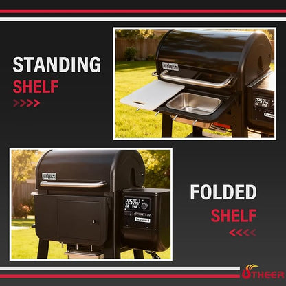 Utheer Front Folding Grill Table for Weber Searwood 600 – 23" x 14" Large Front Shelf with Stainless Steel Basin, Works Cutting Board, Lid & 5 Hooks, Heavy-Duty Weber Searwood 600 Accessories