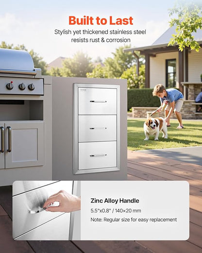 VEVOR Outdoor Kitchen Drawers 16" W x 28.5" H x 20.5" D, Flush Mount Triple Access BBQ Drawers with Stainless Steel Handle, BBQ Island Drawers for Outdoor Kitchens or BBQ Island Patio Grill Station