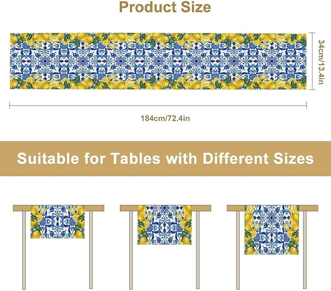 Blue Lemon Table Runner, Italy Tile Yellow Lemon Fruit Table Runners for Farmhouse Coffee Home Kitchen Dining Party Patio Indoor Outdoor 13x120in