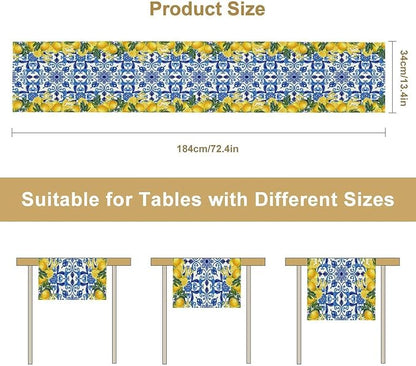 Blue Lemon Table Runner, Italy Tile Yellow Lemon Fruit Table Runners for Farmhouse Coffee Home Kitchen Dining Party Patio Indoor Outdoor 13x120in