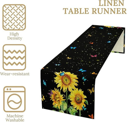 Farmhouse Sunflower Table Runner, Black Starry Spring Yellow Flowers Botanical Butterfly Table Runners for Dining Kitchen Holiday Party Table Decor, 13x90inch