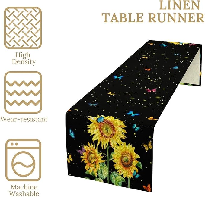 Farmhouse Sunflower Table Runner, Black Starry Spring Yellow Flowers Botanical Butterfly Table Runners for Dining Kitchen Holiday Party Table Decor, 13x108inch