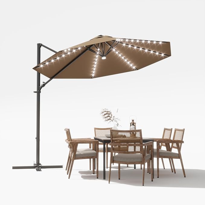 Devoko 10ft Solar LED Patio Umbrella, Round Cantilever Outdoor Umbrella by DEVOKO