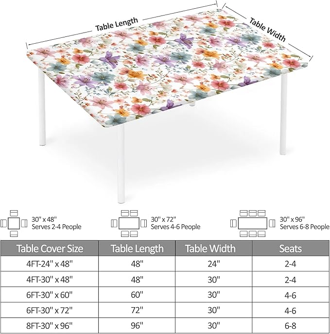 Rectangle Table Cloth Cover Waterproof Elastic Fitted Polyester Fitted Tablecloths for 4 Foot Tables for Indoor,Picnic, Camping, Outdoor （48" x 24"，Flower）