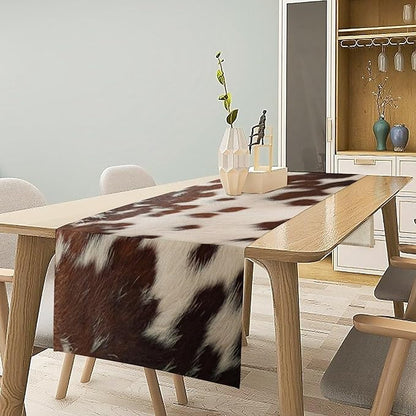Cow Print Table Runner, Western White Brown Cowhide Rustic Coffee Table Runner for Home Kitchen Dining Room Farmhouse 13x70in