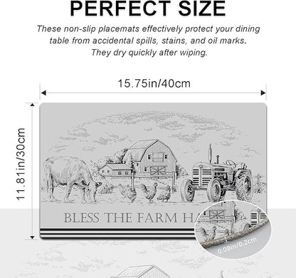 Farm Placemats Set of 4 - Farmhouse Heat Resistant Placemats for Dinner Table, Non-Slip Waterproof Oil-Proof Washable Reusable Placemat for Indoor Outdoor Kitchen Decor, 15.75In*11.81In