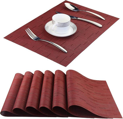 Plastic Placemats,Non Slip Washable Placemats for Dining Table Wipe Clean Table Mats Set of 6(Burgundy Red)