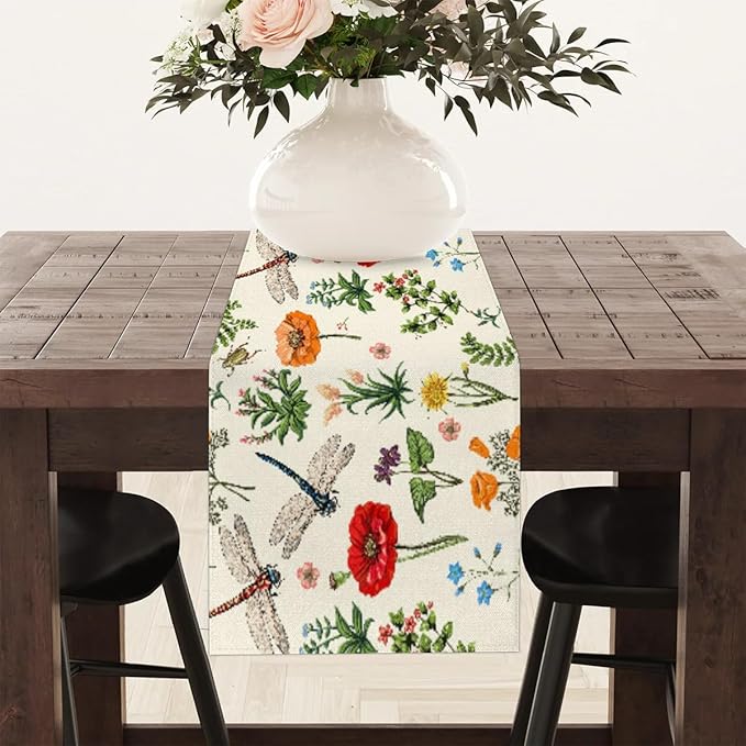 Flowers Dragonflies Table Runner Kitchen Dining Table Runner 13*120in Table Center Decor for Indoor Outdoor Home Holiday Party