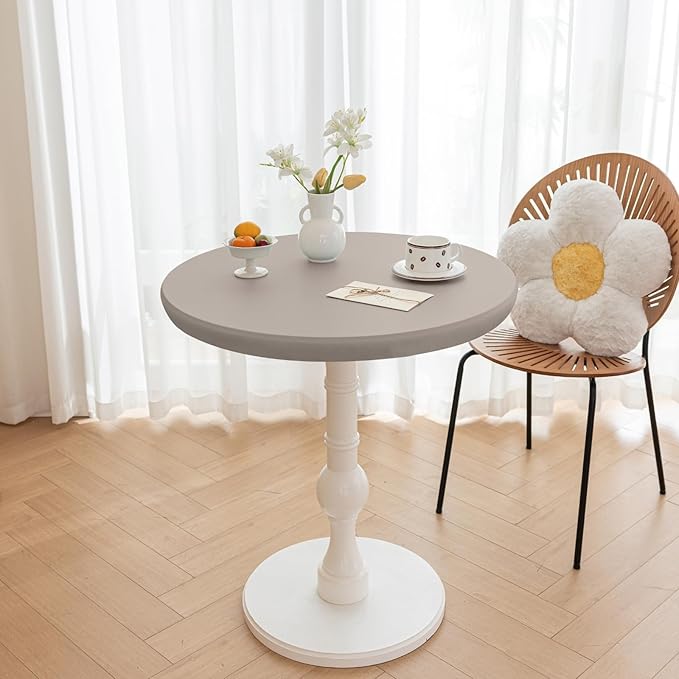 Round Fitted PU Tablecloth with High Elastic Edge 47 Inch Dia Waterproof Oil Proof Table Cloth Anti-Scald Stain-Resistant Wipeable Table Cover for Indoor Outdoor Picnic (Grey,47" Dia)