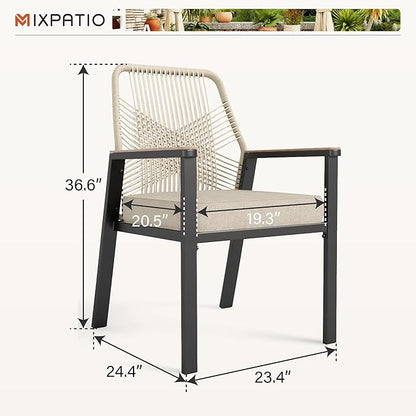 Patio Wicker Chair Sets of 2, Outdoor Dining Chairs with 3.1 inch Seat Cushions, Sturdy Metal Frame & Wood Grain Armrest, Patio Dining Chairs for Porch Backyard, Beige