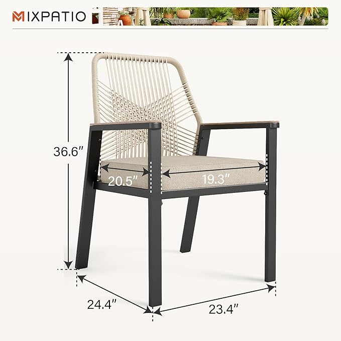 Patio Wicker Chair Sets of 6, Outdoor Dining Chairs with 3.1 inch Seat Cushions, Sturdy Metal Frame & Wood Grain Armrest, Beige