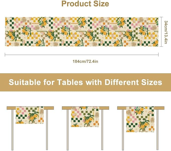 Tropical Summer Fruit Table Runner, Orange Square Grid Lemon Beach Ocean Table Runner for Kitchen Dining Party Holiday Home 13x60in