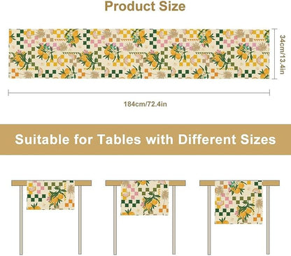 Tropical Summer Fruit Table Runner, Orange Square Grid Lemon Beach Ocean Table Runner for Kitchen Dining Party Holiday Home 13x70in