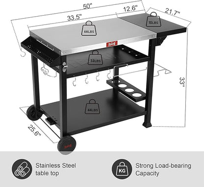 Outdoor Grill Table Cart, Pizza Oven Stand for Outdoor Indoor, 40" x 26" Stainless Steel Tabletop Dining BBQ Grill with Wheels for Food Prep, 3-Shelf Kitchen Cart with Cover