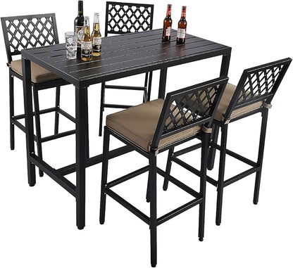 5-Piece Outdoor Patio Bar Set, Bar Height Patio Dining Set, Weather-Resistant Bistro Counter Pub Set with Cushions & Slatted Tabletop for Backyard, Garden, Yard