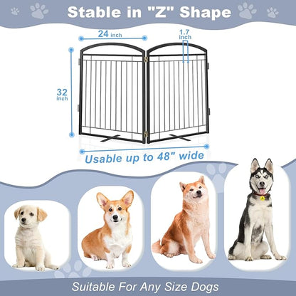 Full Metal Free Standing Dog Gate with Door for Indoor Outdoor, 48'' Extra Wide 32'' Tall Dog Gate for Doorways,Large Openings,Decks,Pet Puppy Freestanding Safety Fence(2 Panels,Black)