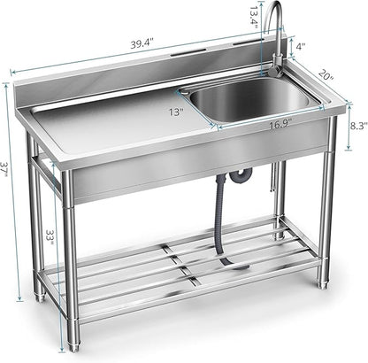 Stainless Steel Sink, Free Standing Kitchen Sink with Countertop Workstation, Utility Sink Single Bowl with Cold and Hot Water Pipe for Kitch Laundry Room Garage Farmhouse Indoor Outdoor (39 Inch)