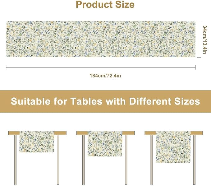 Rustic Flower Table Runner, Spring Sage Green Eucalyptus Leaves Watercolor Floral Flower Plant Leaves Print Table Cover for Dinning Holiday Home Picnic Party Decor, 13x90inch