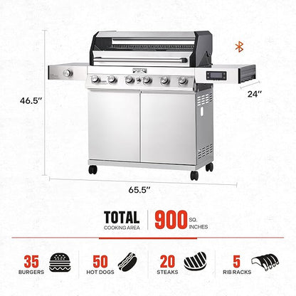 Monument Grills 6+1 Convertible Natural Gas Smart bbq Grill, 6 Burners & 1 Side Burner Stainless Steel Denali 605 with Smart Technology, Knob Controls (Without Conversion Kit)