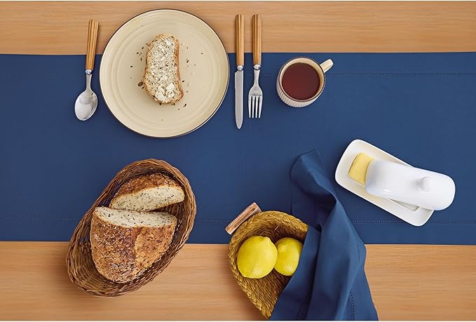 Solino Home Cotton Linen Table Runner 60 Inches - Lapis Blue Hemstitch Table Runner 14 x 60 Inch Ideal for Dresser and Coffee Tables - Winter