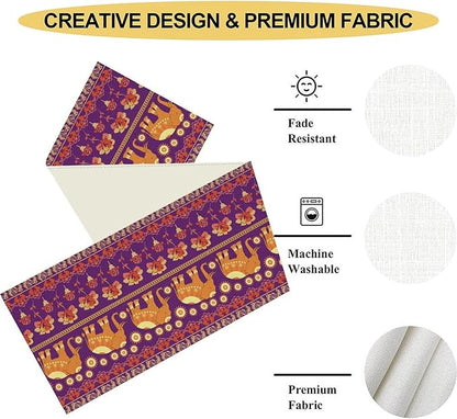 African Tribal Table Runner, Rustic Elephants Floral African Indian Diwali Art Print Purple Coffee Table Center Decor for Home Kitchen Holiday Party Farmhouse Outdoor Table Decorations, 13"x72"
