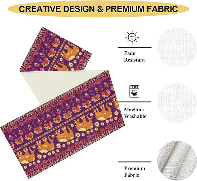African Tribal Table Runner, Rustic Elephants Floral African Indian Diwali Art Print Purple Coffee Table Center Decor for Home Kitchen Holiday Party Farmhouse Outdoor Table Decorations, 13"x108"