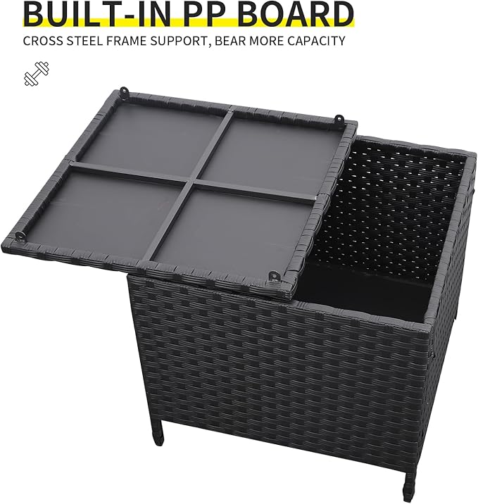Outdoor Wicker Storage Side Table, Patio Black PE Rattan End Table with Storage, Square Container for Furniture Covers, Toys, and Gardening Tools