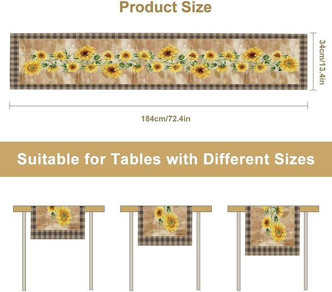 Yellow Sunflower Table Runner, Spring Sunflower Seasonal Country Fall Retro Plant Table Runners for Kitchen Farmhouse Dining Coffee Party 13x36in