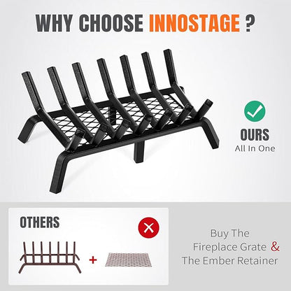 INNO STAGE Fireplace Grates with Ember Retainer - 24 Inch Fireplace Log Grate, Wood Stove Grate, Firewood Wood Log Holder Rack,Inside Wrought Cast Iron Fire Grate for Hearth Indoor Outdoor Camping
