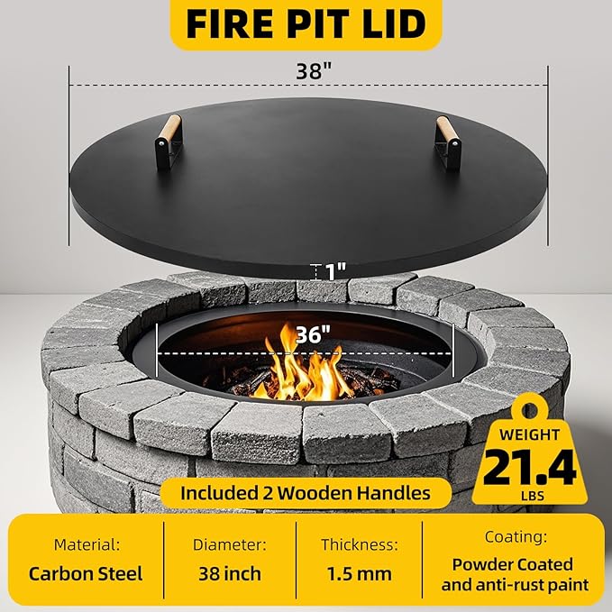 G GOOD GAIN Firepit Lid Round 38 Inch - Rust Resistant Fire Pit Lid Cover with Wooden Handle & Gloves, Fire Pit Snuffer Lid for Courtyards, Patio, Winter Cold Protection. Fits Fire Pits Up to 36"