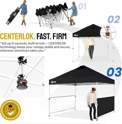 CROWN SHADES 10x10 Pop up Canopy Tent Instant Canopy with 150D Silver Coated Fabric Including 2 Half Sidewalls, 4 Ropes, 8 Stakes, 4 Weight Bags, STO 'N Go Bag, Black
