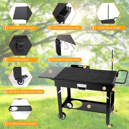 Foldable Grill Cart for Blackstone Griddle, Portable Outdoor Griddle Stand for 17" & 22" Blackstone, Ninja Woodfire & Pizza Oven, Mobile BBQ Prep Table with Side Shelf & Storage